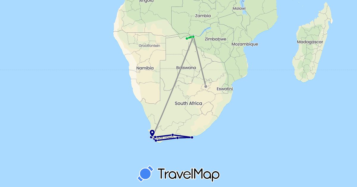TravelMap itinerary: driving, bus, plane in Botswana, South Africa, Zimbabwe (Africa)